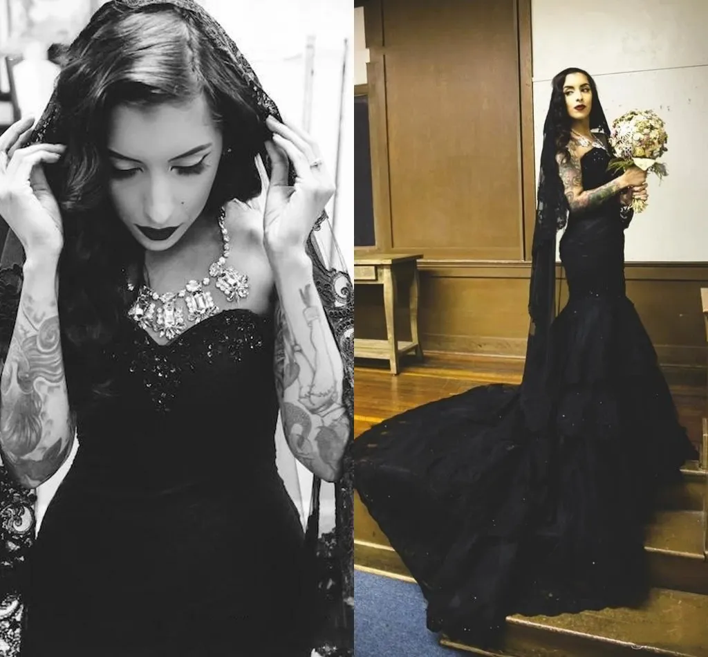 Vintage Gothic Black Mermaid Gothic Wedding Dresses With