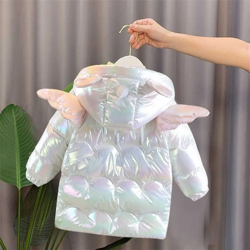 Chaqueta de algodón para niños Abrigo de plumón lindo colorido unicornio sombrero luz niña al aire libre ropa cálida bebé invierno 211203