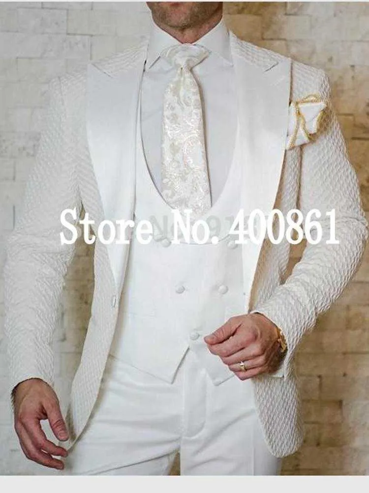 Handsome One Button Ivory Embossing Groom Tuxedos Peak Lapel Mens Party Business Suits Blazers (Jacket+Pants+Vest+Tie) W:1212 X0909