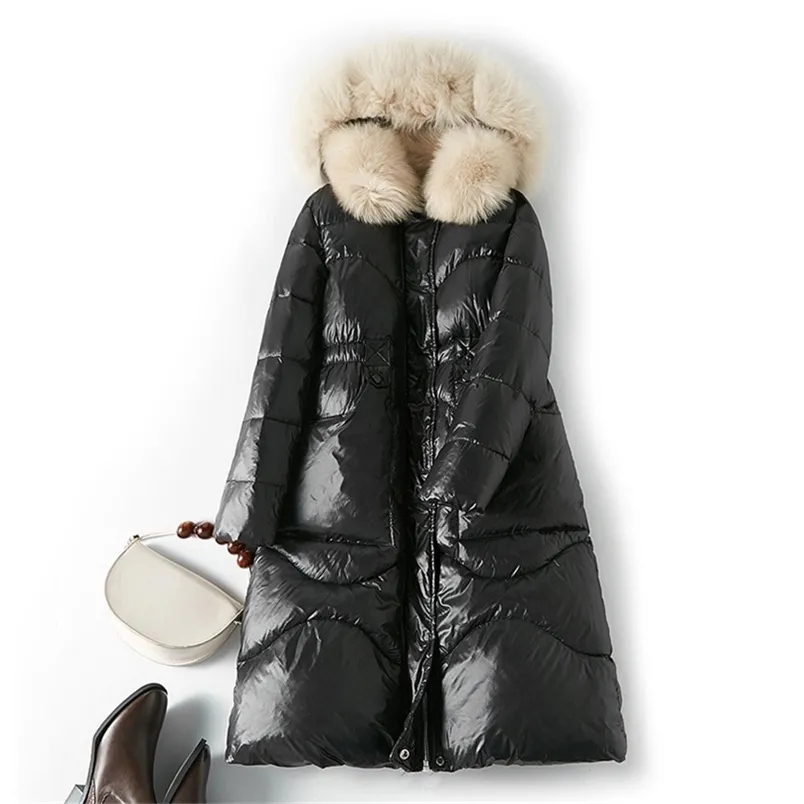 Femmes hiver manteau fourrure naturelle capuche à capuche à 90% de canard blanc veste mince marquée long Parka femme épaisses manteaux chauds 211023