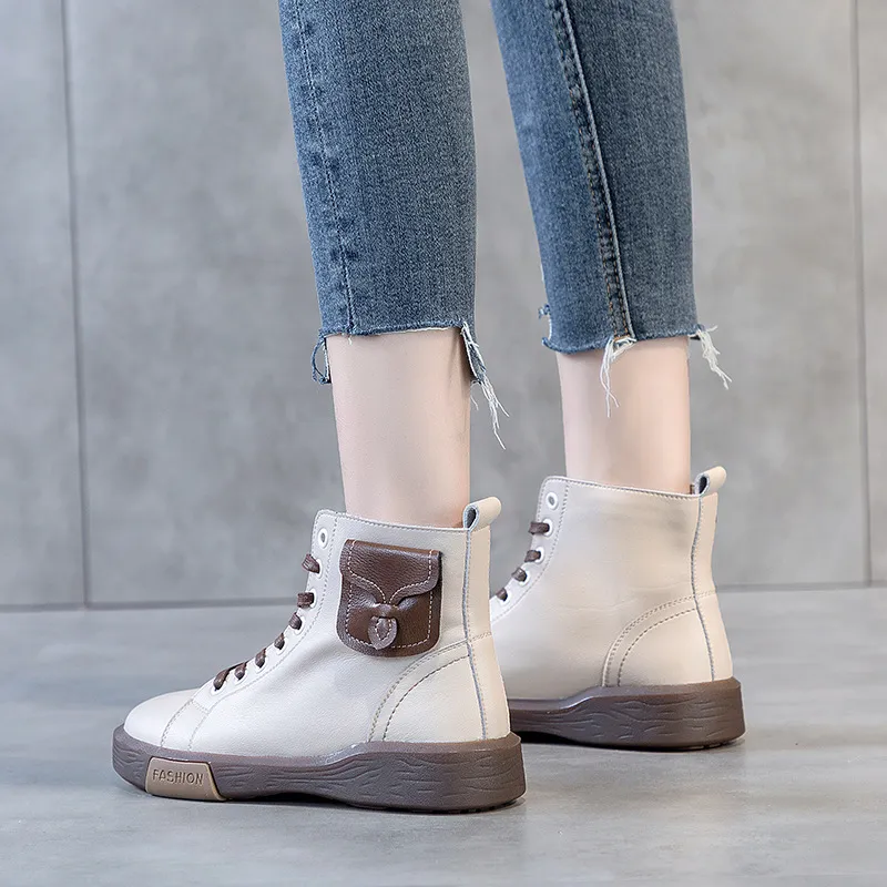 Botas de Martin de Couro Real das Mulheres 2022 Outono e Inverno Moda Sapatilhas Bolso Plano All-Match Ankle Botas Casuais Sapatos