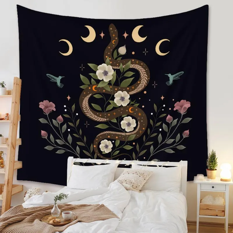 Tapisserier Snake Tapestry Moon Fas Floral Wall Hanging Hippie Backdrop Cover Plants Garden For Living Room Sovrum