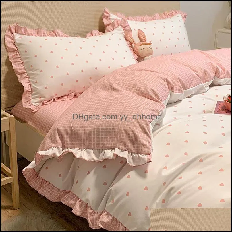 Bedding Sets Washed Cotton Four-piece Suit Princess Style Girl`s Heart Bed Sheet Quilt Cover Three-piece Set