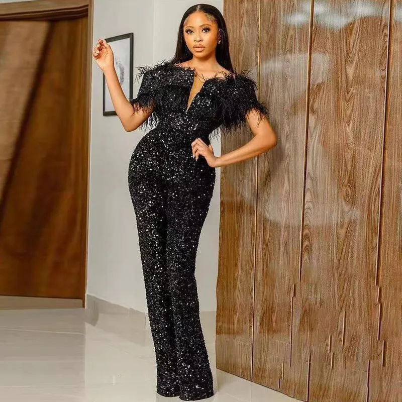 Piuma Nera Tuta Abiti Da Sera Paillettes Perline Cristallo Festa Ballo Banchetto Su Misura Lunghezza Pavimento Maniche Corte Glitter Robe De Mari e Da 121 38 DHgate