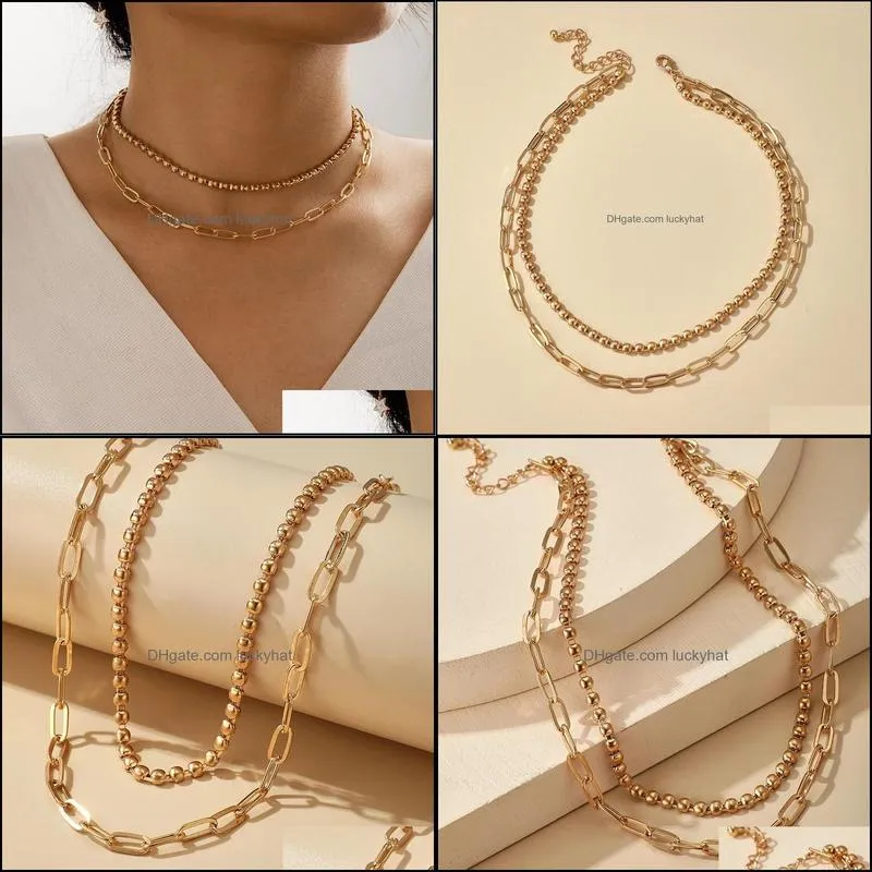 Punk Bead Thick Clavicle Chain Necklace for Women Gold Color Alloy Metal Hollow Geometric Choker Jewelry Accessories