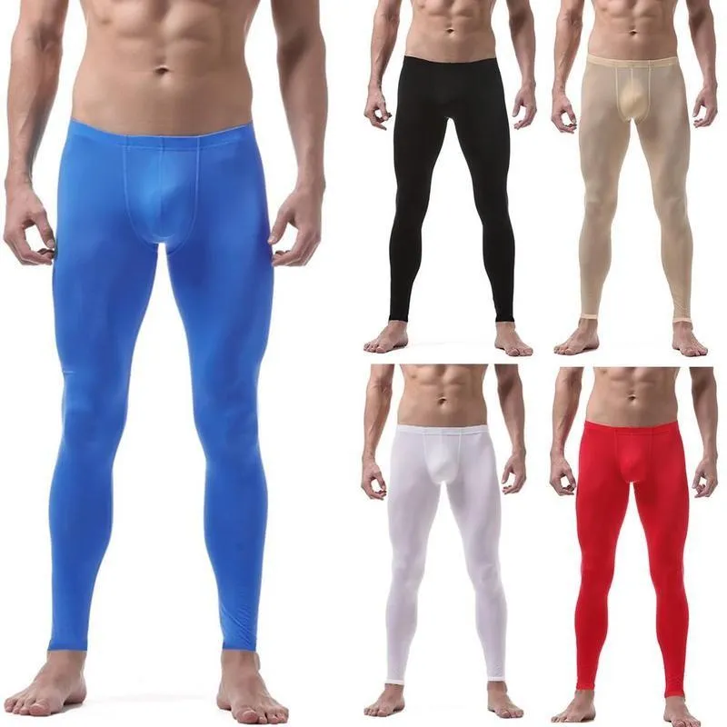 Termounderkläder för män Ice Silk Byxor Herr Sexig Nylon Transparent lång hudvänlig påse Skir Spandex Lounge Leggings T195i