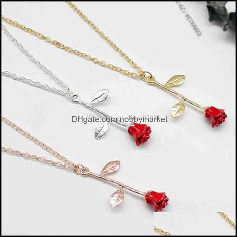 Enamel Red Rose Flower Necklace Silver Rose Gold Flower Pendant Chains Fashion Necklace for Women Jewelry 2020 hot sale