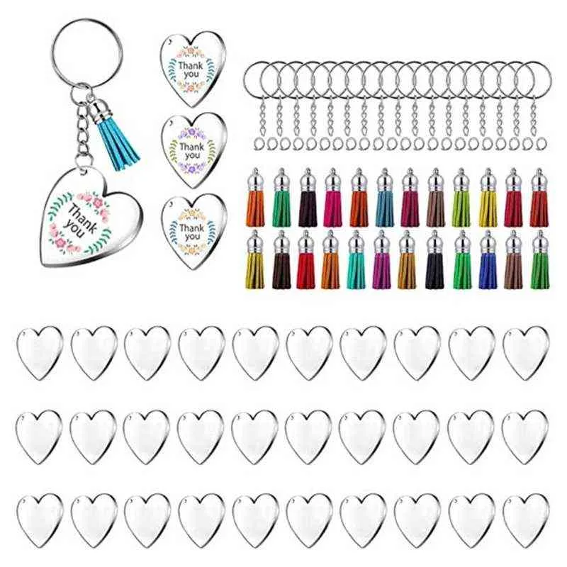 90 stks Acryl Discs Clear Heart Sleutelhanger Blanks Charms Kleurrijke Tassel Sleutelhanger Ringen voor DIY Crafts Sieraden Maken H1126