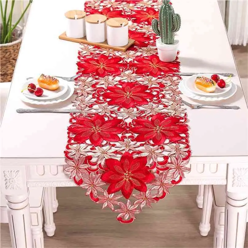 Dubbele dikte Rode Rustieke Cutwork Geborduurde Bloementafel Lopers Kerstversiering Hoge kwaliteit voor thuis Dineren 210709