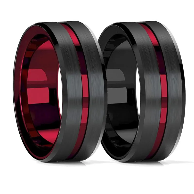 Vigselringar Fashion 8mm Red Groove Beveled Edge Black Tungsten Ring för män Borstat Stål Engagement Mäns Band