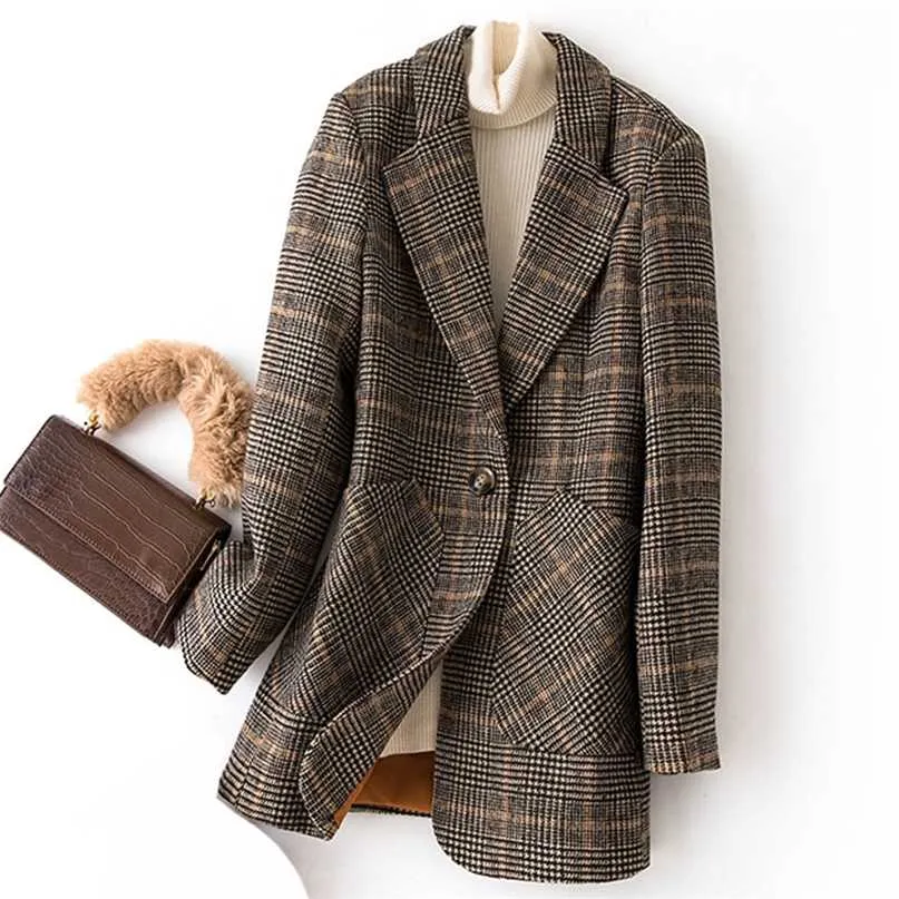 Bella Höst Vinter Vintage Kvinnor Plaid Suit Woolen Jacket Ladies Slim Casual Ull Blazer Single Breastered Coat 211019