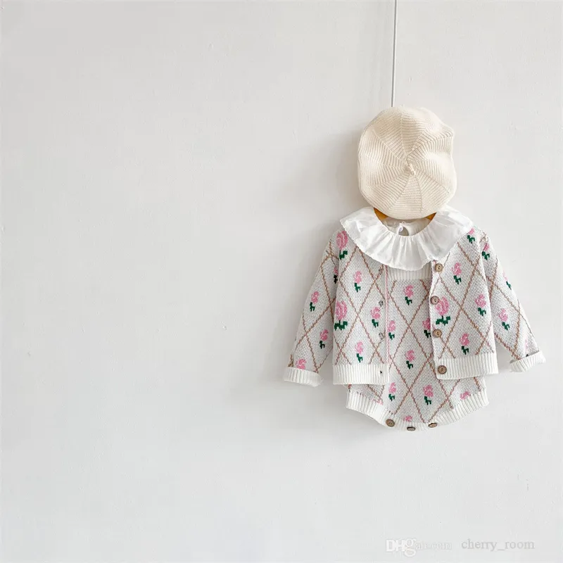 Ins baby girls knit cardigan autumn infant small flower rhombus rose romper fashion newborn knitting outwear cute kids climbing suit S1537