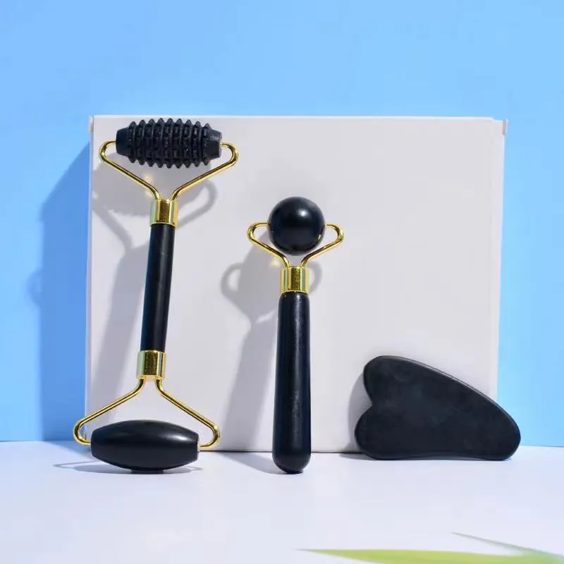 Rouleau de Massage du visage en obsidienne Sawooth, 3 pièces, capuchons en Silicone, ensembles d'outils Gua Sha, masseur, Acupuncture, grattage, pierre de guérison, outils de soins de santé