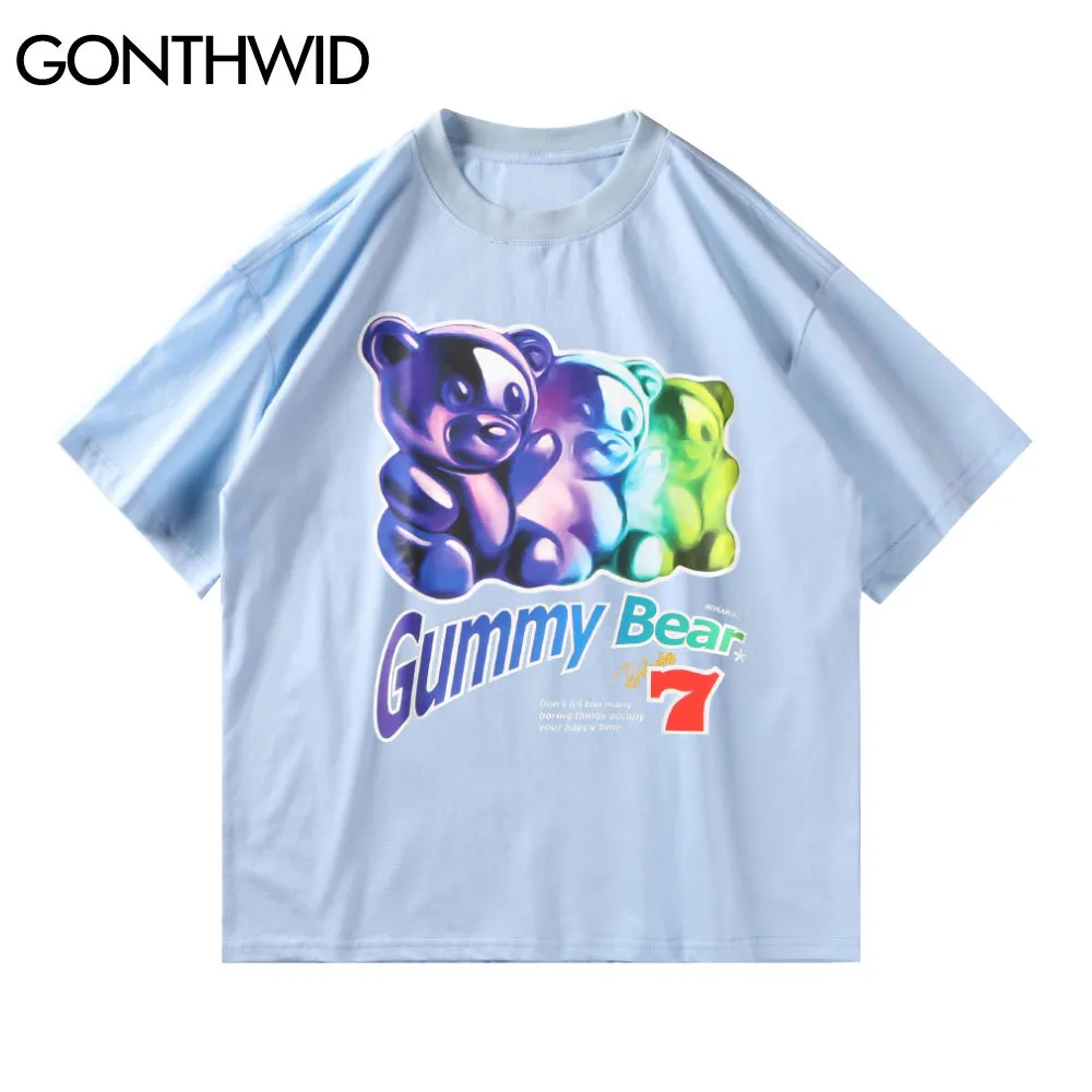 Gonthwid Tees Camiseta Urso Gummy Dos Desenhos Animados Tshirts Streetwear Hip Hop Harajuku Casual Algodão Manga Curta T-shirt Solta Tops C0315