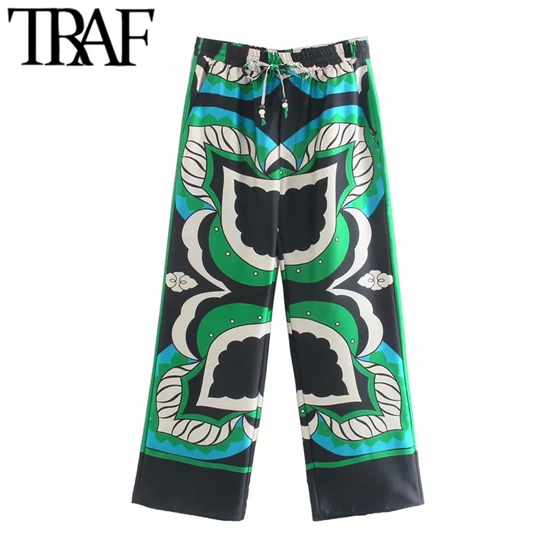 TRAF Women Fashion Side Pockets Gedrukt Wide Been Broek Vintage Hoge Elastische Taille Trekkoord Vrouwelijke Enkellebroek Mujer 210925