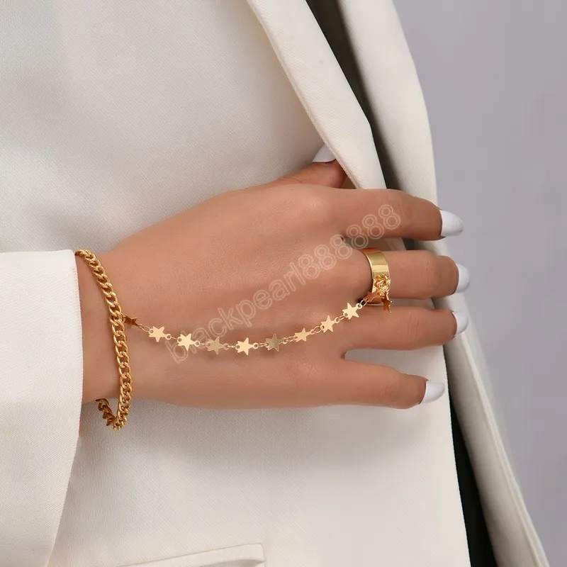 Corrente de forma de estrela dourada conectando pulseira pulseira de dedo para mulheres bracelete de cadeia espessa linked harness casal jóias