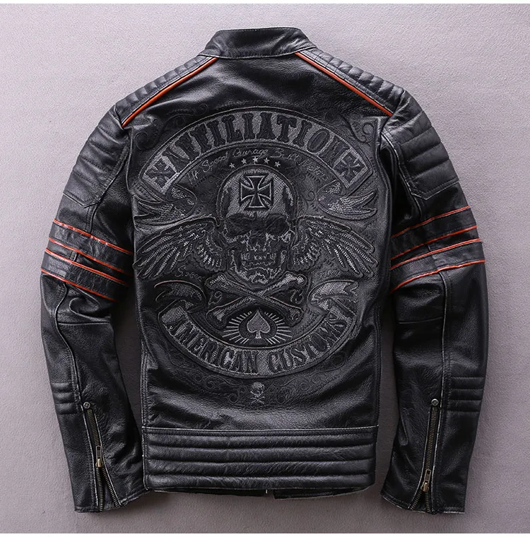 Cowhide Jacket Mens Black Embroidery Skull Motorcycle From
