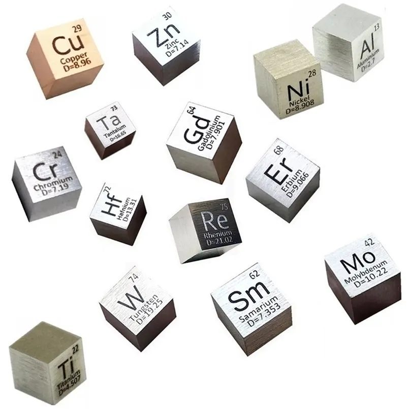 Éléments métalliques 10mm Cube Argent Indium Bismuth Nickel Carbone Gadolinium Cuivre Vanadium Fer Zinc Étain Tungstène Samarium 211108