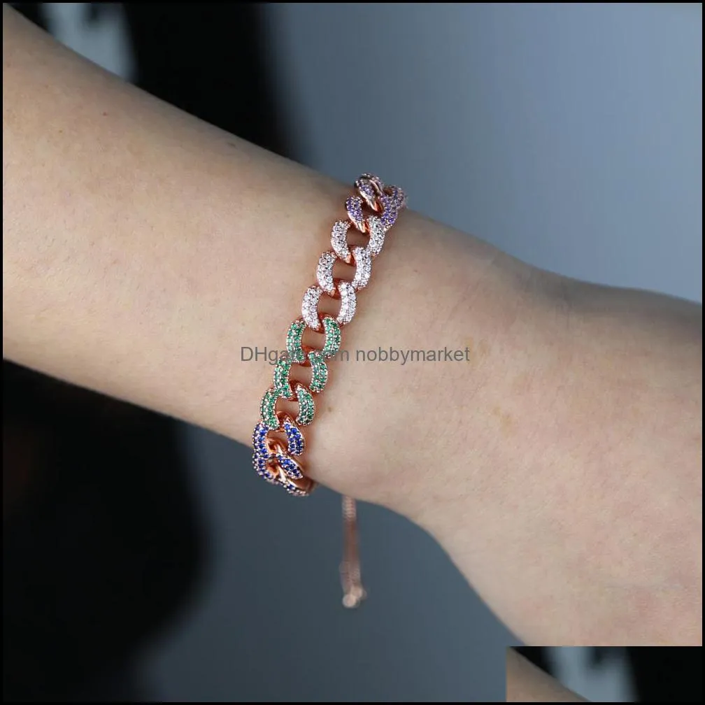 Adjust slider box chain gold rose gold 2 color micro pave rainbow cz  cuban link chain women bracelet fashion 210408