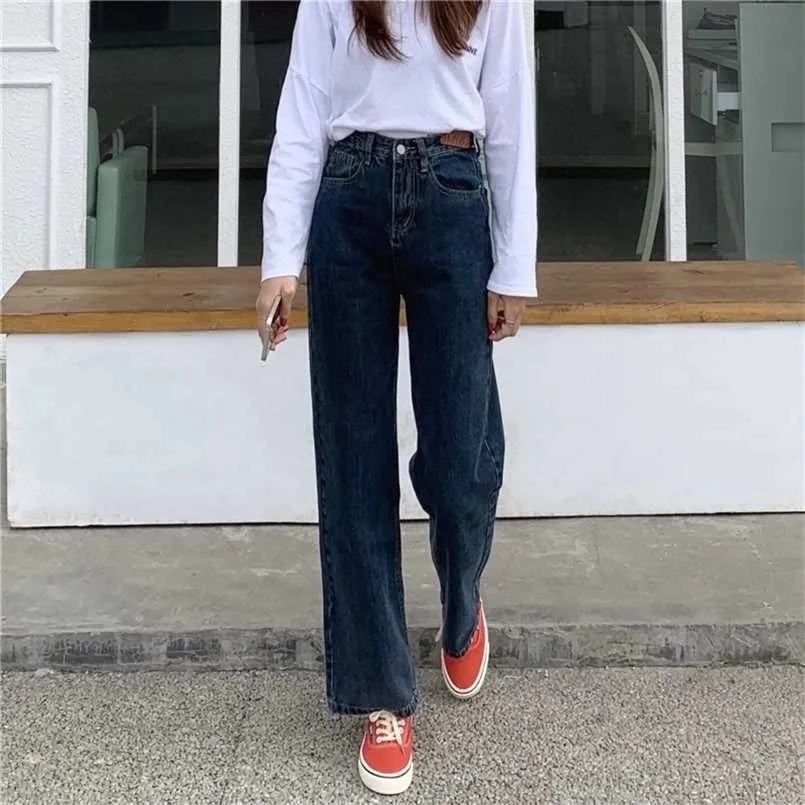 Höst High Waist Wide Leg Jeans Kvinnors Straight and Thin Loose Vintage Black Pants Casual Denim Long Jean Pant för Girls 211206