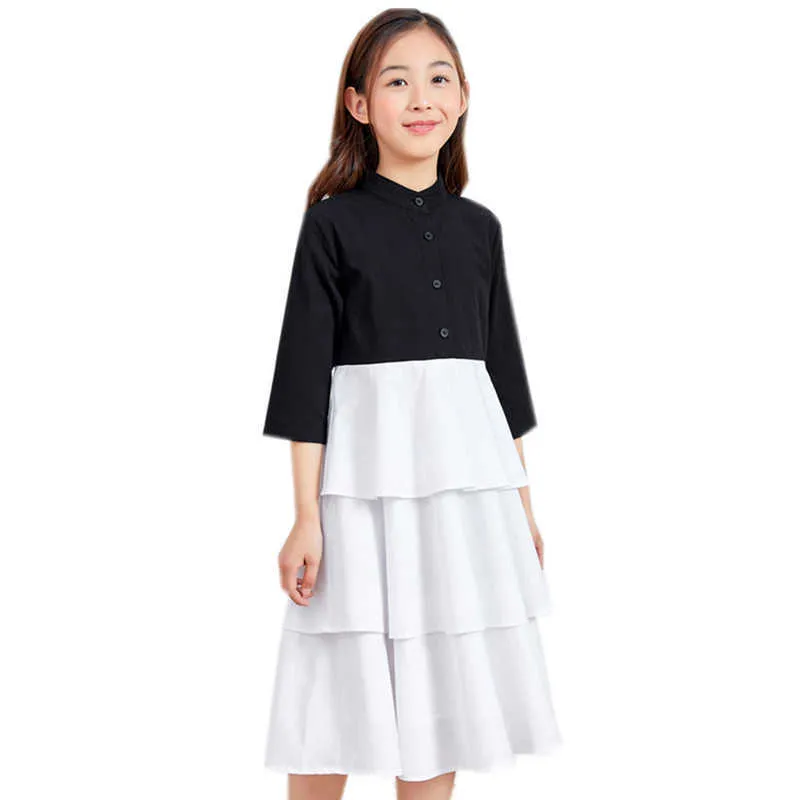 4 to 14 years kids & teen girls summer color block cotton ruffle layered flare dress girl fashion three quarter sleeve dress Q0716