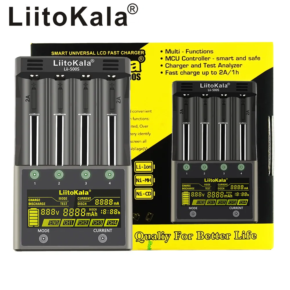 Liitokala lii-500s carregador de bateria inteligente 4 slots LCD Display para 18650 26650 16340 18350 3,7V 1,2V Ni-MH Ni-Cd Ion Li-Ion Baterias Recarregável Capacidade da bateria da bateria da bateria
