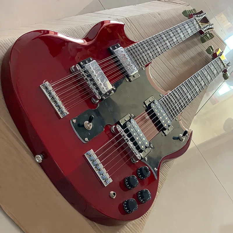 EDS 1275 Jimmy Page LED Zeppeli Vin rouge Double cou rouge Guitare électrique 12 + 6 cordes, cordée de griffe, inlays de parallélogramme divisée, tuiles tuilp, forage noir