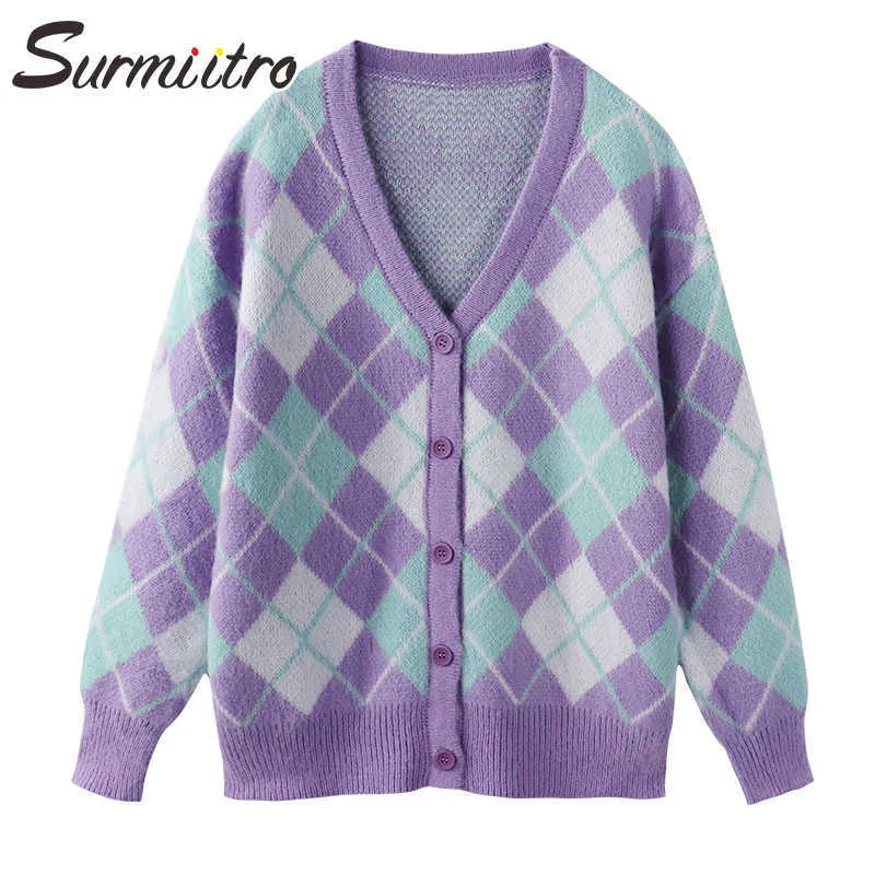 SURMIITRO Cardigan surdimensionné Femmes Automne Hiver Style coréen Plaid Pull à manches longues Femme Veste tricotée Manteau Tricots 210712