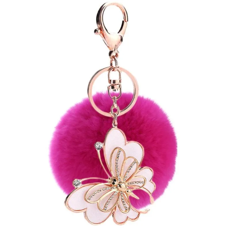 Keychains Fur Pom Keychain Fashion Butterfly Car Key Chain Fluffy Ring Decoration Handbag Rex Keyring