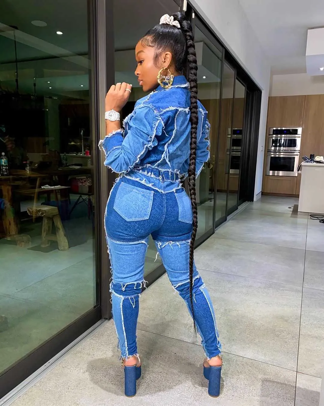 2021 Womens Denim Patchwork Tracksuit Set Active Wear Fall Jackets