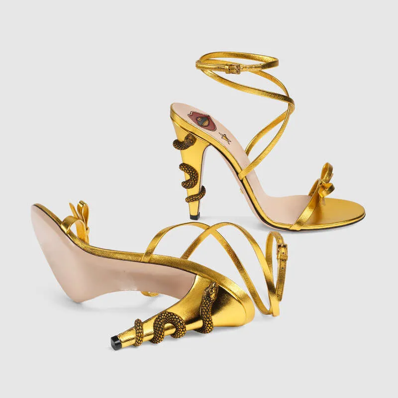 Mujeres sexy tacones altos zapatos de oro metal serpiente alrededor del talón sandalias señoras tobillo sttap slingback gladiador zapato mujer fiesta boda bombas de boda