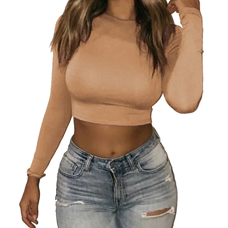 2021 Sexy Bodycon Shirt Autunmn Kvinnor Långärmad O-Neck Crop Top Modis Sheath T-shirt Fashion Autumn Solid Tops