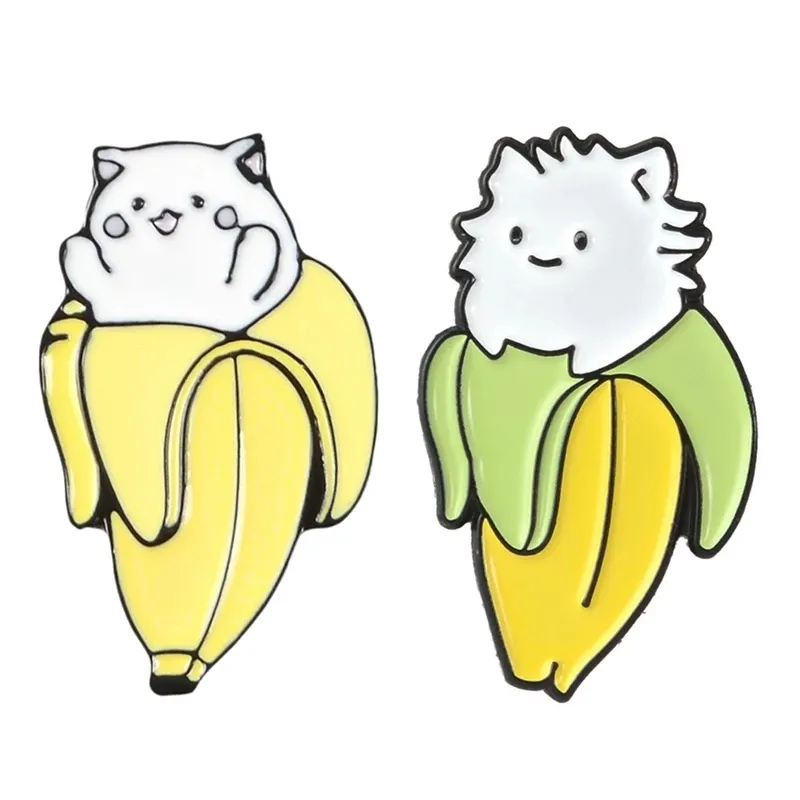Uroczy Kawaii Banana Biały Hairy Cat Hard Emalia Cartoon Zwierząt Broszki Lapel Pins Biżuteria Akcesoria