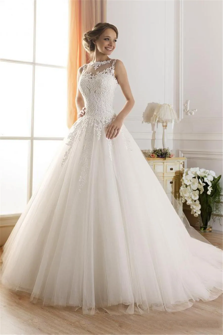 Custom-made Lace White beaded earrings Princess Bridal Ball Gown with Fluffy Back and Illusion Jewel Neckline Custom-made Lace White beaded earrings Princess Bridal Ball Gown with Fluffy Back and Illusion Jewel Neckline