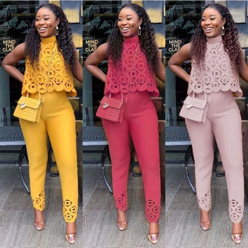 Women's Tracksuits Summer Women Formal 2 Piece Pant Suit 2021 Fashion Sleeveless Chiffon Blouse Top and Slim Work Long Length Pants Set For 4X