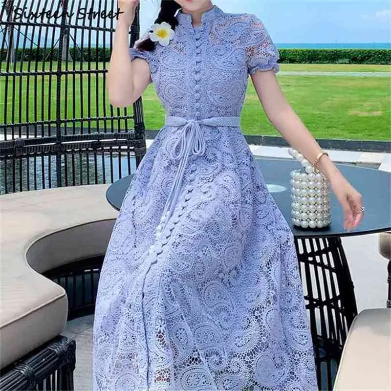 Spitze Lila Elegante Kleider für Frau mit Gürtel Einreiher Sommer Vestido Runway Luxus Party Weibliche 210603