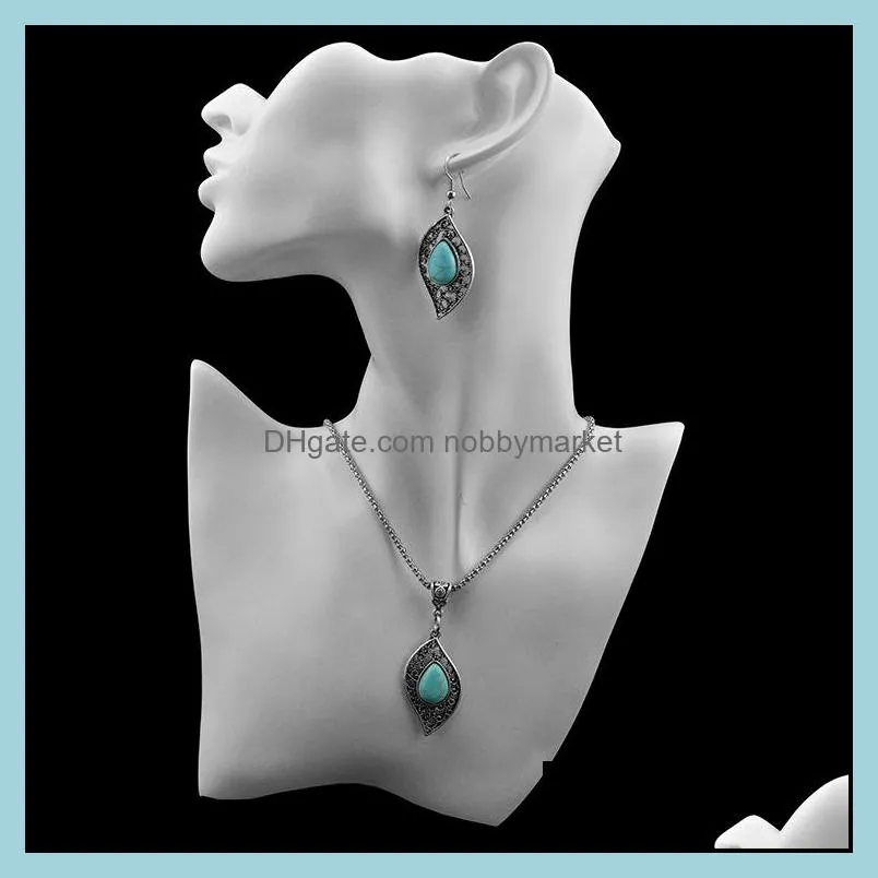 Fashion Turquoise jewelry necklace earrings set Antique Silver leaves Turquoise Pendant necklaces+earring jewelry 2pcs Set for women