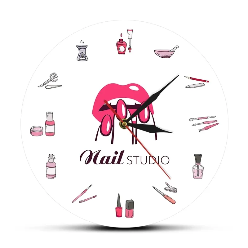 Nagellakflessen en accessoires Decoratieve wandklok Schoonheidssalon Nail Studio Tools Cosmetology Clock Muurhorloge Tijdrezen 210310