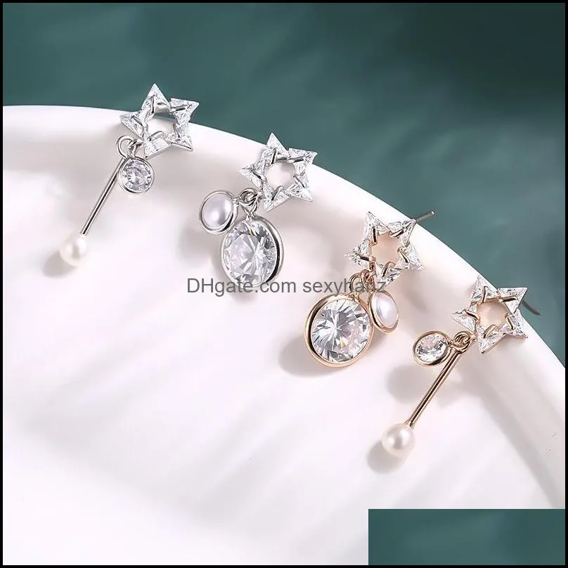 Dangle & Chandelier Minar Unique Design Hollow Out Star Freshwater Pearl Earings For Women Exquisite Asymmetric Cubic Zircon Jewelry