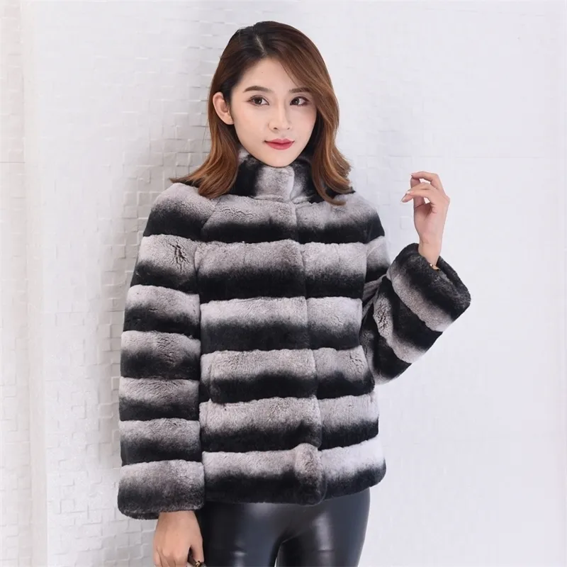 Natürliche Chinchilla Rex Kaninchen Pelzmantel Jacke Kurzmantel Stehkragen gestreift Oberbekleidung Mäntel Damen Winterkleidung T200319