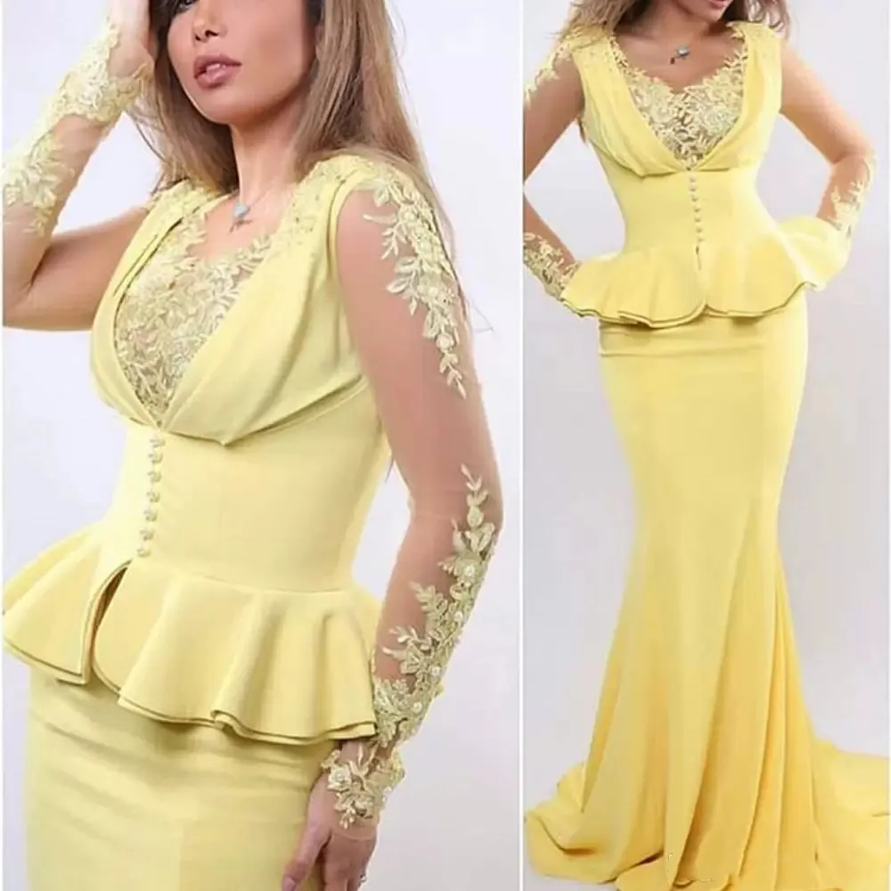 Yellow Evening Prom Dress Scoop Neckline Koronki Aplikacje Perły Frezowanie Peplum Z Długim Rękawem Satin Mermaid Long Suknie Arabski