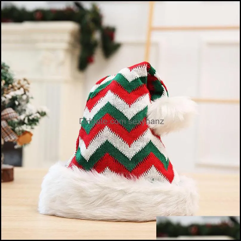 Beanie/Skull Caps 2021 Knitted Woolen Christmas Hat Thicken Plush Striped Santa Claus Wool Xmas Hats Winter