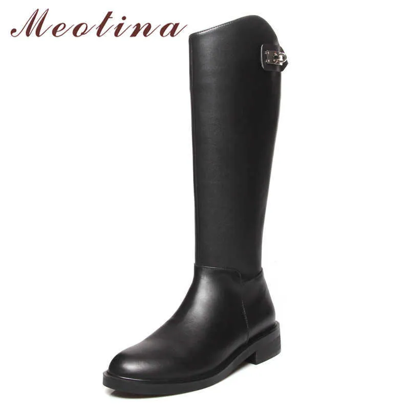 Meotina Vinter Ridor Kvinnor Naturligt Äkta Läder Block Heel Knä High Boots Zipper Round Toe Skor Lady Fall Storlek 33-43 210608