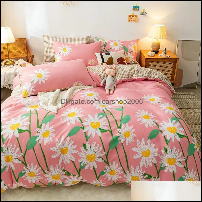 Bedding Sets Simple Plaid Washed Cotton Quilt Cover Pillow Case Bed Sheet Soft Breathable Single Double King Queen Set Oceania