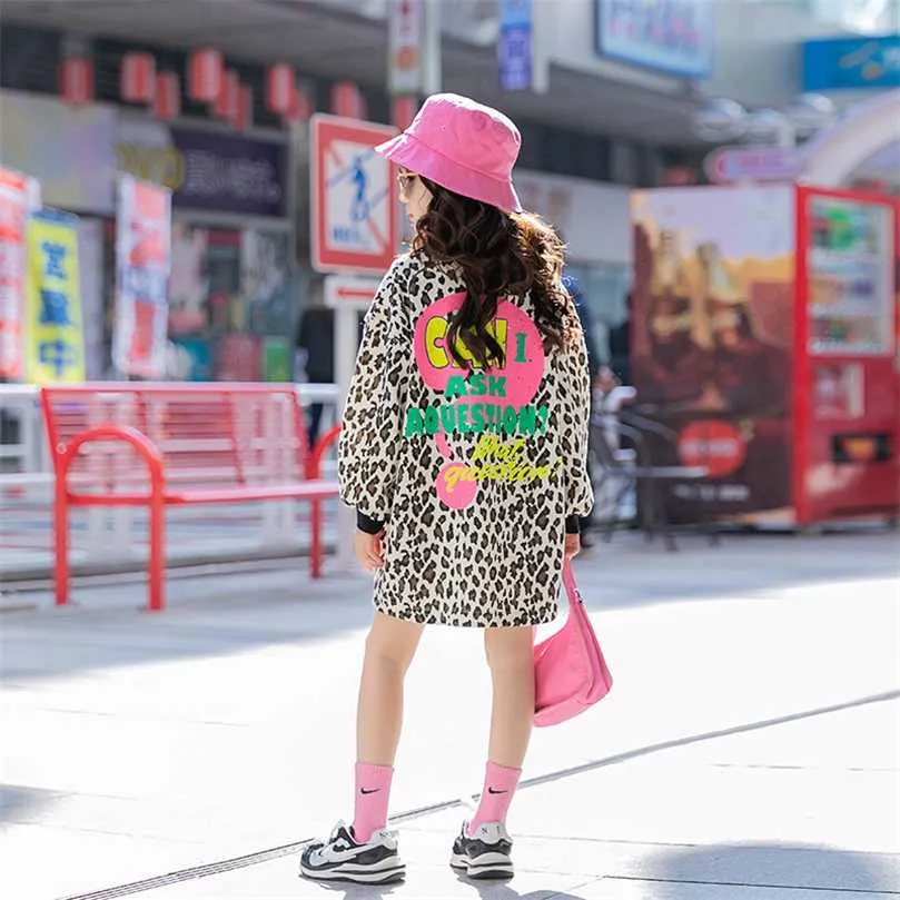 Дети девушки леопардовые печать длинные толстовки весенние детские моды вершины 6 8 10 12 лет 211029