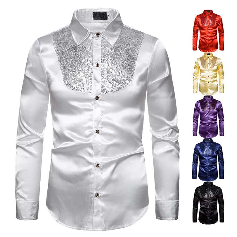 Modne koszule męskie Cekinowy projekt Wydajność Klub nocny Lapel Koszula z długim rękawem