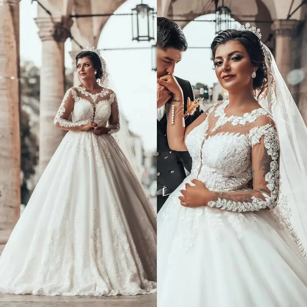 Brautkleider in Übergröße, Brautkleider, Spitzenapplikation, Vintage-Prinzessin, Partykleid, Rüschen, Vestido de Novia, Illusionshülse, Spitze, Tüll, schick, M407