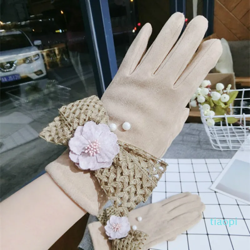 Fünf Finger Handschuhe Koreanische Touchscreen Wolle Schleife Warme Gestrickte Frauen Frühling Winter Khaki Dicke Fäustlinge