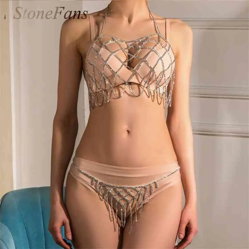 Stonefans Enkel Rhinestone Mesh Body Chain Set Top Bikini För Kvinnor Smycken Sexig Rave Underkläder och Panty Bodysuit Belly Kedjor