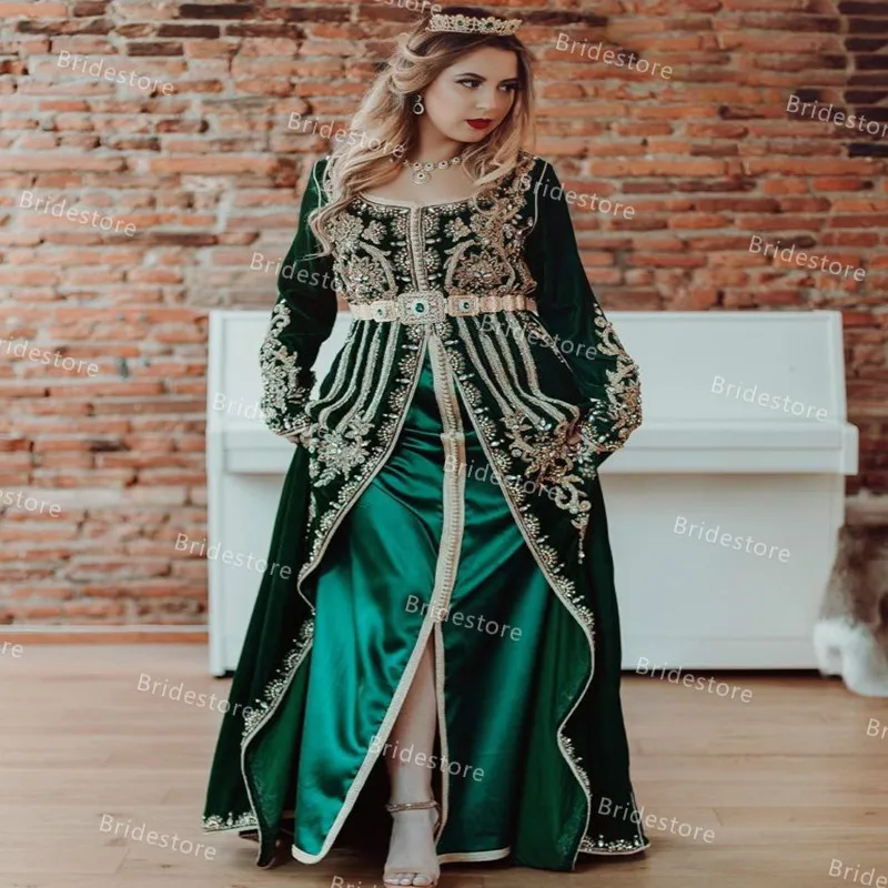 Fancy Green Green Kaftan Morrocan Avondjurken met Rhinestone 2021 Lange mouwen Beaded Fluwelen Satijn Moslim Prom Jurk Dubai Arabische Formele Partyjurk Turkije